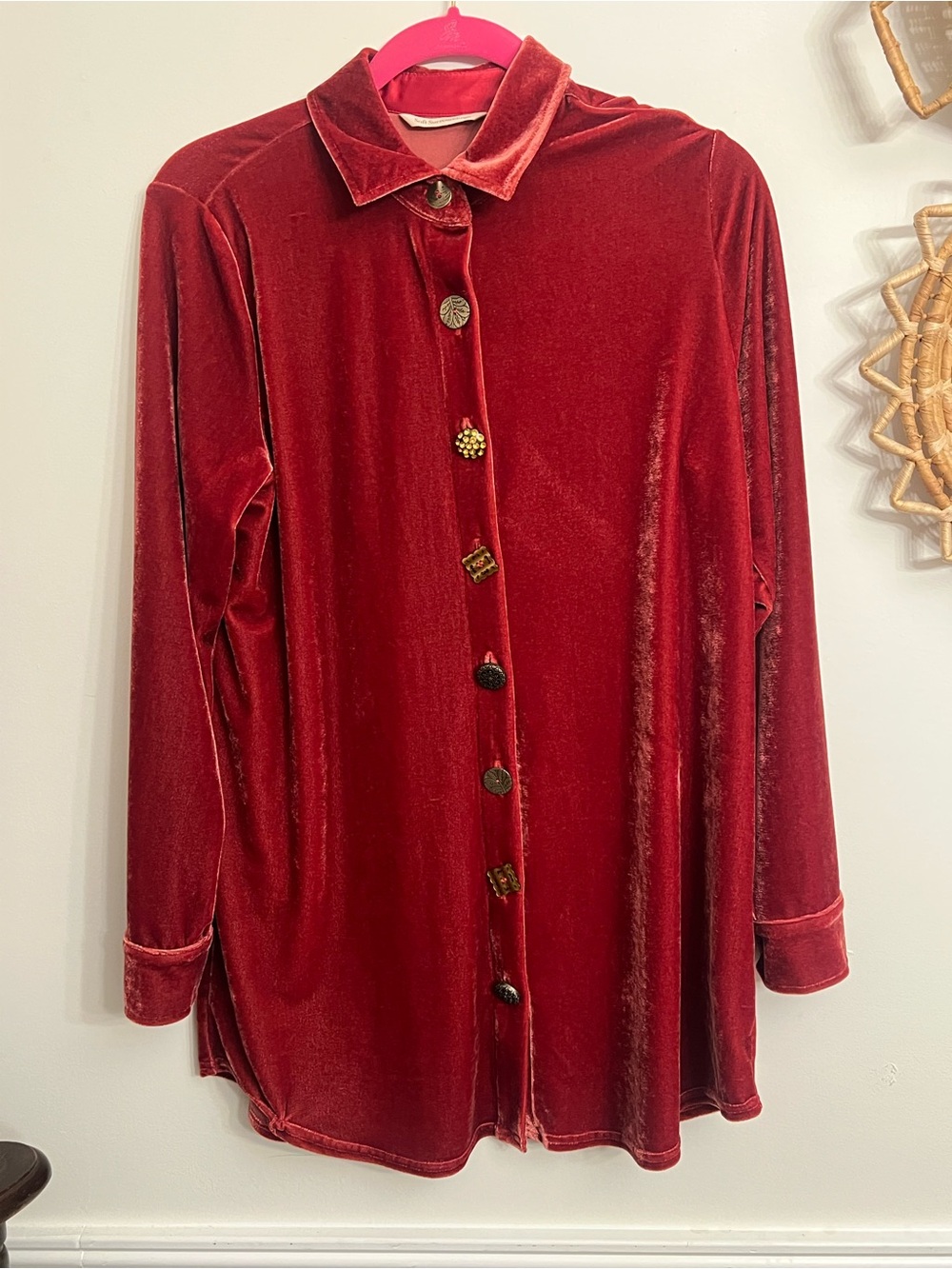 Soft surroundings small top Velvet Button-Front Top in Deep Red/ brick